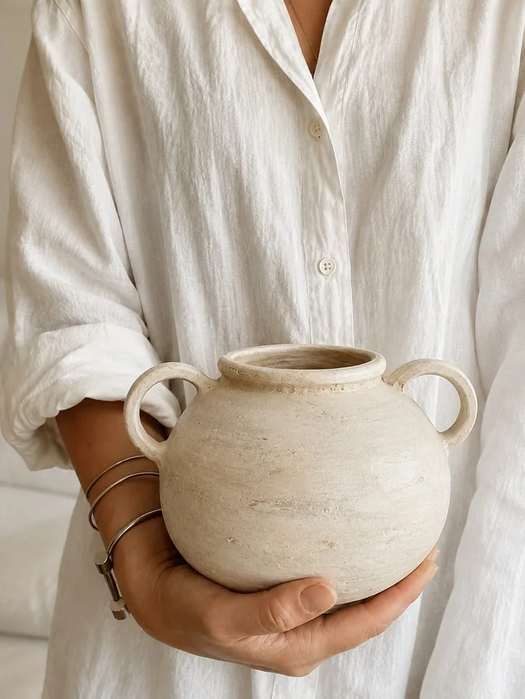 Mãos segurando um vaso claro contra uma blusa de linho